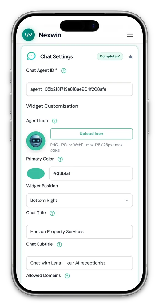 Nexwin N-Chat widget customisation screen showing brand colour picker, agent icon upload, widget position and chat title settings